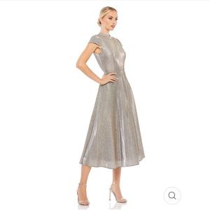 Metallic Silver Midi Dress with Cap Sleeves